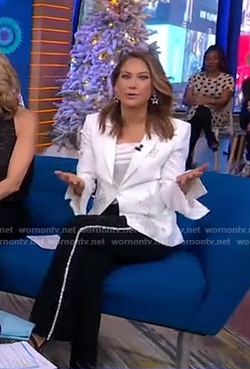 Ginger’s white embellished blazer and rhinestone accent pants on Good Morning America