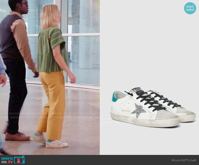 Golden Goose Superstar Glitter Star Green Tab Leather Sneakers worn by Eleanor Shellstrop (Kristen Bell) on The Good Place