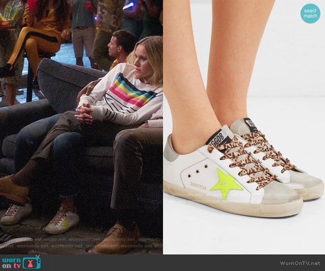 Golden Goose Superstar distressed neon-trimmed leather, suede and canvas sneakers worn by Eleanor Shellstrop (Kristen Bell) on The Good Place