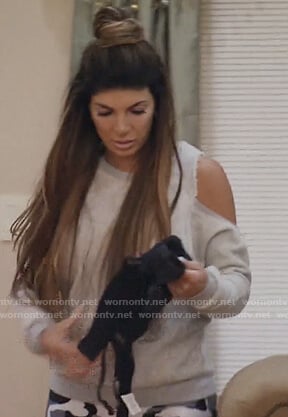 Teresa's camo leggings and gray sweatshirt on The Real Housewives of New Jersey