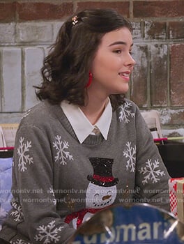 Hannah's gray snowman ugly Christmas sweater on Alexa & Katie