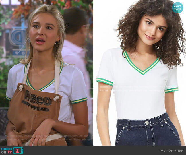 Green Striped Trim V-neck Tee by Forever 21 worn by Katie Cooper (Isabel May) on Alexa & Katie