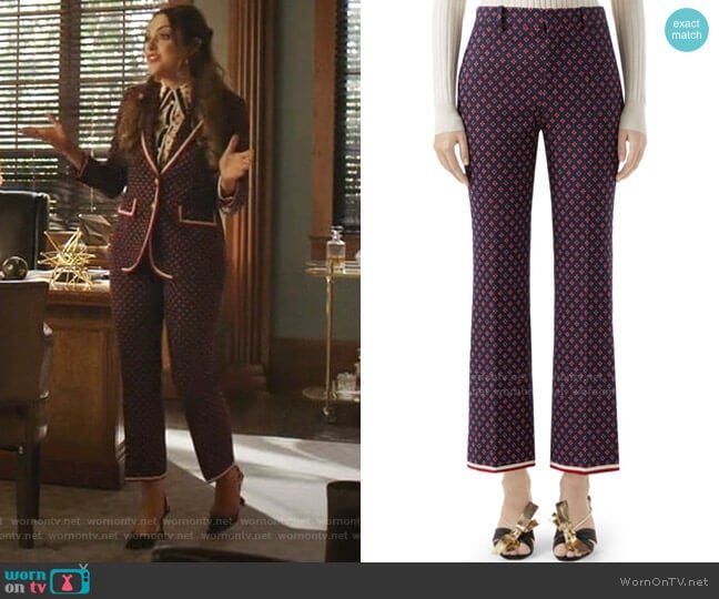 Geometric G Iconic Boot Cut Trousers by Gucci worn by Fallon Carrington (Elizabeth Gillies) on Dynasty