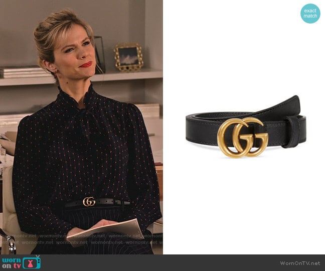 Thin Leather GG-Buckle Belt by Gucci worn by Mallory (Brooklyn Decker) on Grace and Frankie