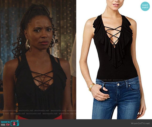 Sleeveless Half Moon Ruffle Bodysuit by Guess worn by Veronica Fisher (Shanola Hampton) on Shameless