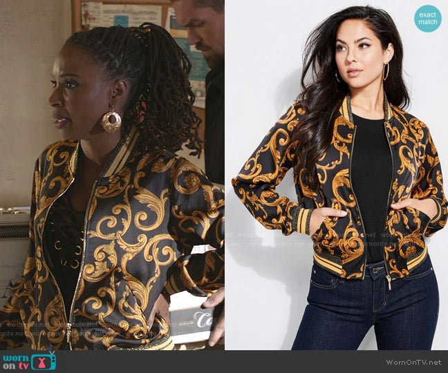 WornOnTV Veronica s black and yellow printed bomber jacket on Shameless Shanola Hampton Clothes and Wardrobe from TV