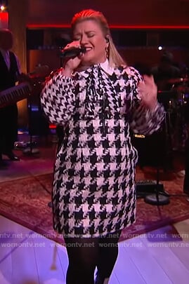 Kelly’s houndstooth dress and blouse on The Kelly Clarkson Show