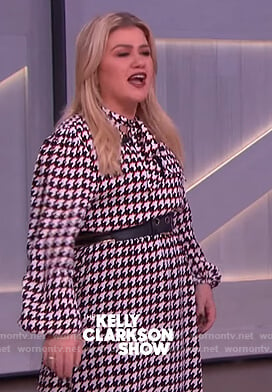 Kelly's houndstooth tie neck dress on The Kelly Clarkson Show