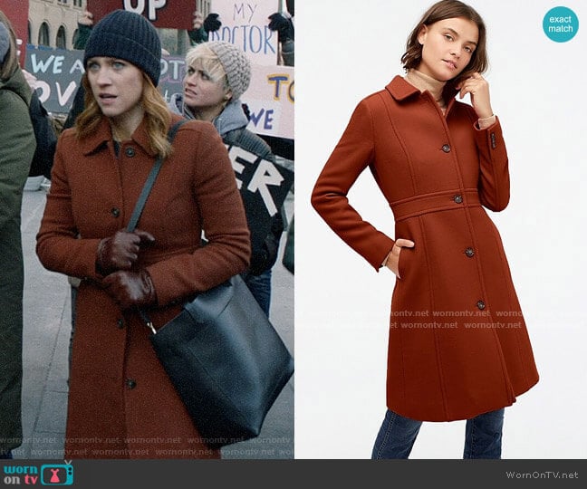 J. Crew Classic Lady Day Coat in Deep Redwood worn by Julia Bechley (Brittany Snow) on Almost Family