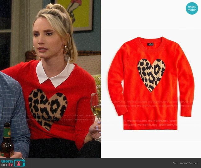 J. Crew Everyday cashmere crewneck sweater with leopard heart by J. Crew worn by Mandy Baxter (Molly McCook) on Last Man Standing