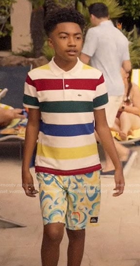 Jack's rainbow striped polo shirt and printed board shorts on Black-ish