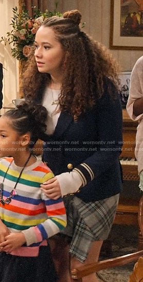 Jade's navy blazer and plaid skirt on Family Reunion