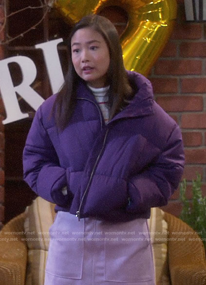 Jen’s purple puffer jacket on Last Man Standing