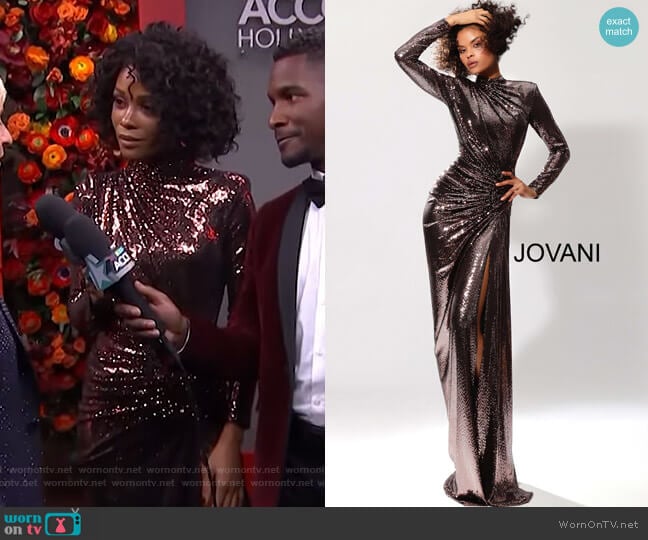 Long Sleeve Metallic Prom Dress by Jovani worn by Zuri Hall on Access Hollywood