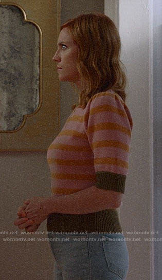 Julia’s pink striped short sleeve sweater on Almost Family