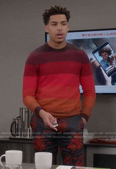 Junior's red striped sweater and floral trousers on Black-ish