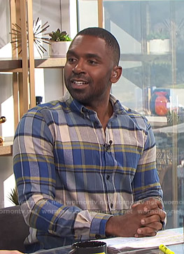 Justin's blue and grey plaid shirt on E! News Daily Pop