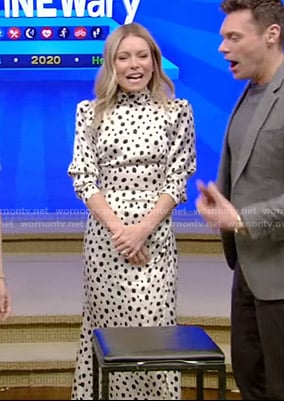 Kelly’s white polka dot dress on Live with Kelly and Ryan