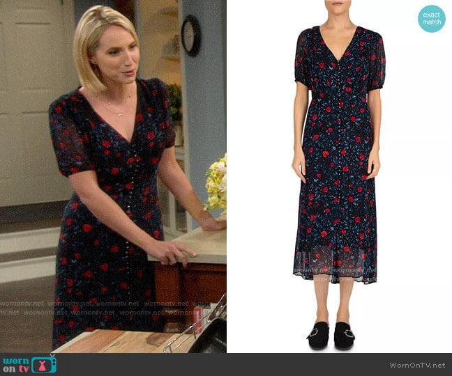 The Kooples Poison Roses Front-Button Midi Dress worn by Mandy Baxter (Molly McCook) on Last Man Standing