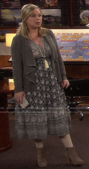 Kristin’s black and white printed midi dress and draped jacket on Last Man Standing