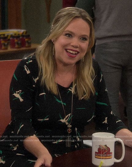 Kristin’s black bird print maternity dress on Last Man Standing