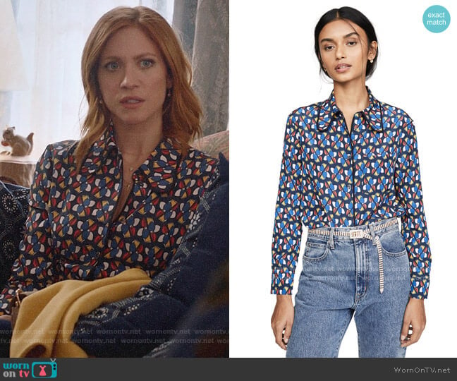 WornOnTV: Julia’s geometric print button down blouse on Almost Family ...