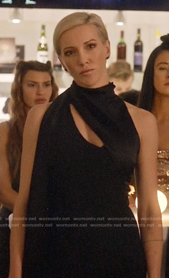 Laurel's black scarf neck jumpsuit on Arrow