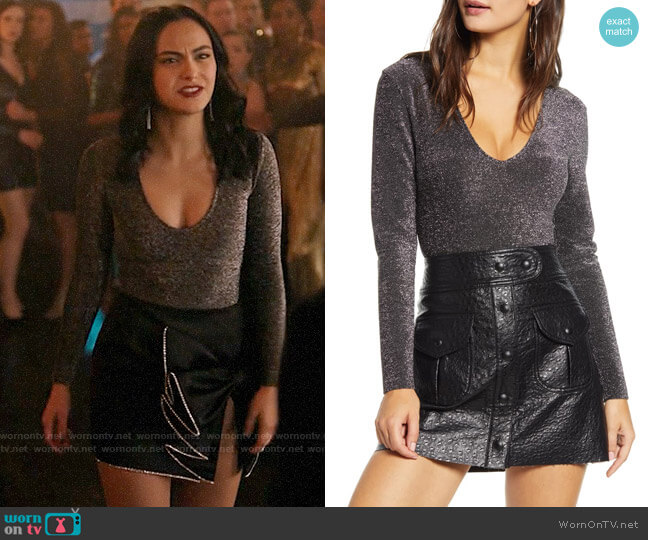 Leith Metallic V-Neck Bodysuit worn by Veronica Lodge (Camila Mendes) on Riverdale