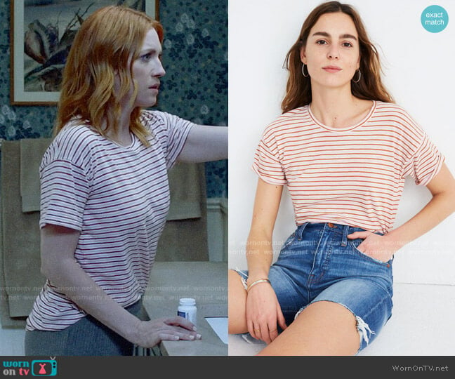 Madewell Whisper Cotton Crewneck Tee in Greywood Stripe worn by Julia Bechley (Brittany Snow) on Almost Family