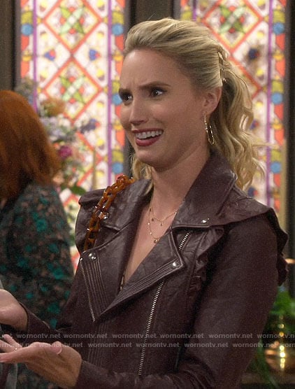 Mandy's purple ruffled leather moto jacket on Last Man Standing