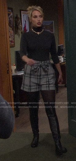 Mandy’s grey plaid tie waist shorts and black turtleneck on Last Man Standing