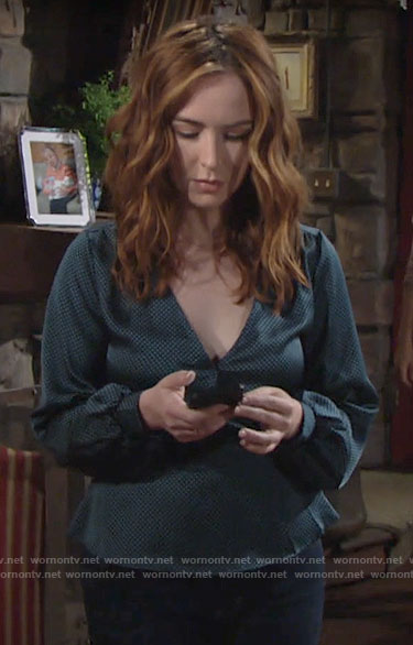 Mariah’s blue dotted wrap top on The Young and the Restless