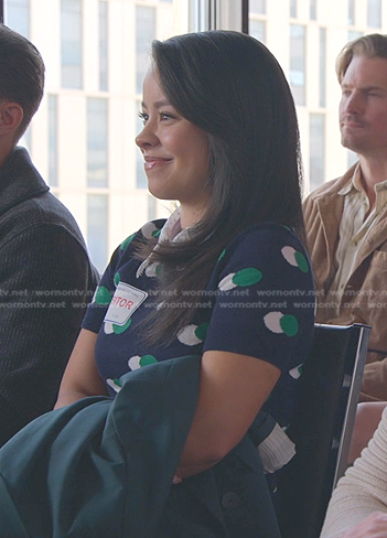Mariana's green and white dot short sleeve sweater on Good Trouble