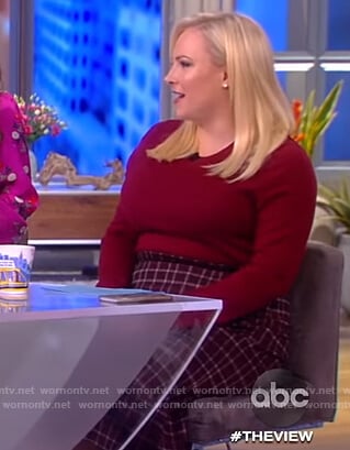 Meghan’s maroon sweater and check skirt on The View