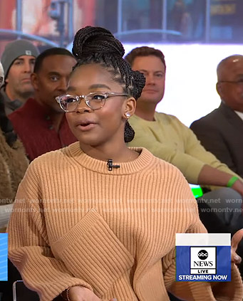 Marsai Martin’s camel ribbed sweater with patch pocket on Good Morning America