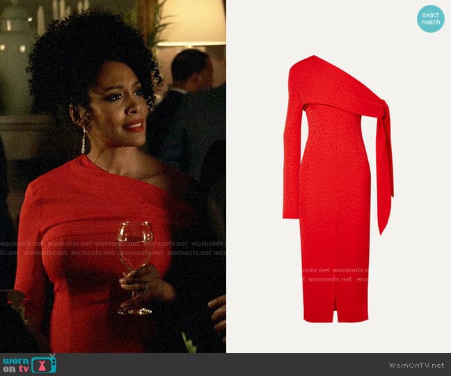 Materiel One-shoulder draped jacquard midi dress worn by Lola Carmichael (Simone Missick) on All Rise