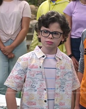 Matteo's white dinosaur print shirt on Bunkd