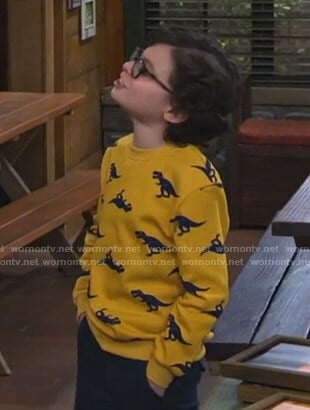 Matteo's yellow dinosaur print sweatshirt on Bunkd