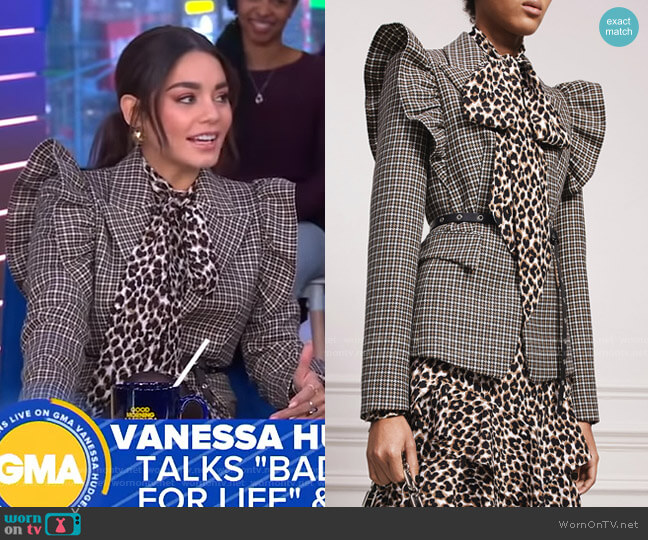 Graphic Check Wool Ruffle-Shoulder Blazer by Michael Kors worn by Vanessa Hudgens on GMA