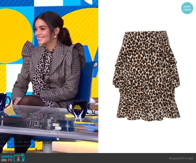 Leopard Silk Tiered Cascade Ruffle Skirt by Michael Kors worn by Vanessa Hudgens on GMA