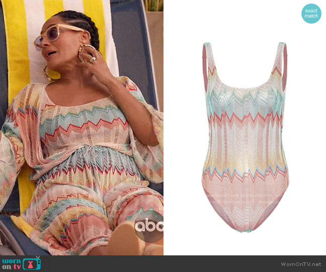 Missoni Mare Striped crochet swimsuit worn by Rainbow Johnson (Tracee Ellis Ross) on Black-ish