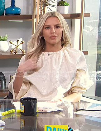 Morgan's white gathered neck blouse on E! News Daily Pop
