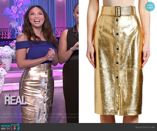 Metallic Belted Midi Skirt by MSGM worn by Jeannie Mai on The Real