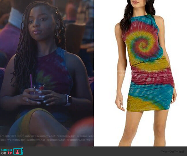 Majorca Ruched Tie-Dye Tank Dress by n:philanthropy worn by Zoey Johnson (Yara Shahidi) on Grown-ish