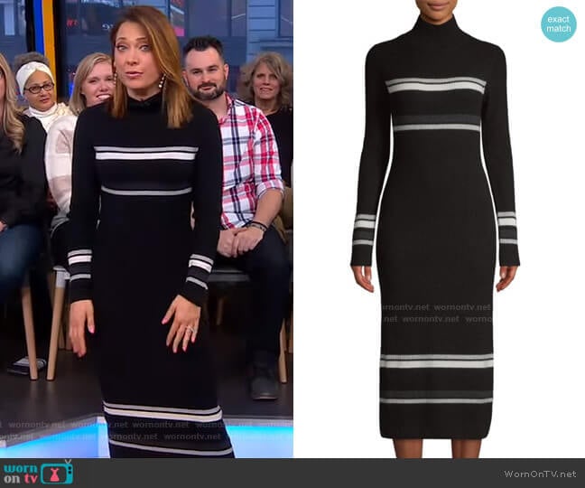 Stripe Rib-Knit Turtleneck Dress by Naadam worn by Ginger Zee on Good Morning America