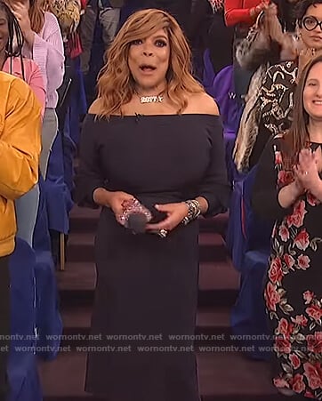 Wendy’s navy off shoulder dress on The Wendy Williams Show