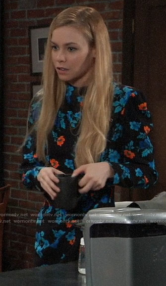 Nell’s black and blue floral long sleeved dress on General Hospital