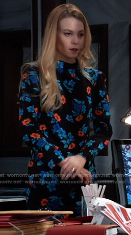 Nell's black and blue floral long sleeved dress on General Hospital