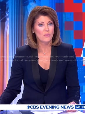 Nora’s navy contrast shawl collar blazer on CBS Evening News