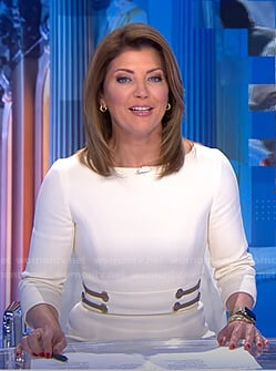 Norah’s white grommet waist dress on CBS Evening News